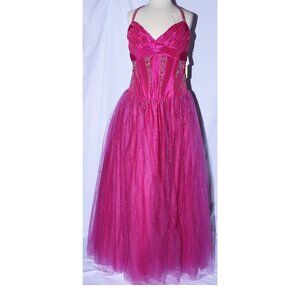 MayQueen #508 Beaded Taffeta and Tulle Prom Gown With Corset -Size 10-FUCHSIA